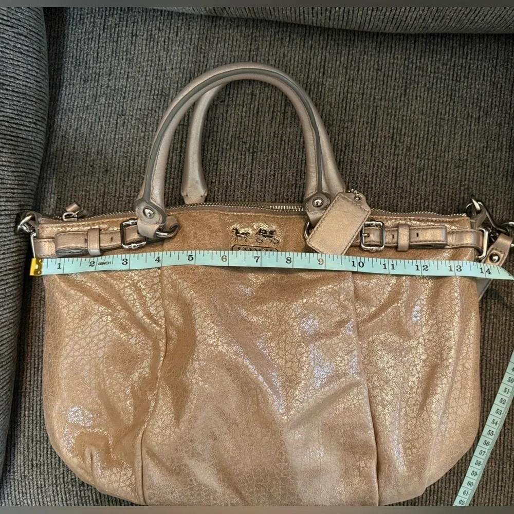 Coach Tan Metallic Madison Satchel with Double Handles and Detachable Strap